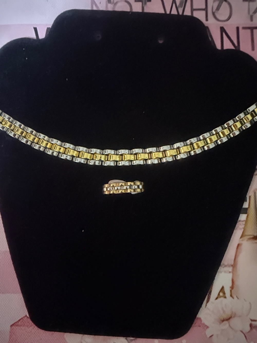 18k GP Stainless steel Two-Tone Gold & Silver Women's Chain bracelet Ring Set 9S